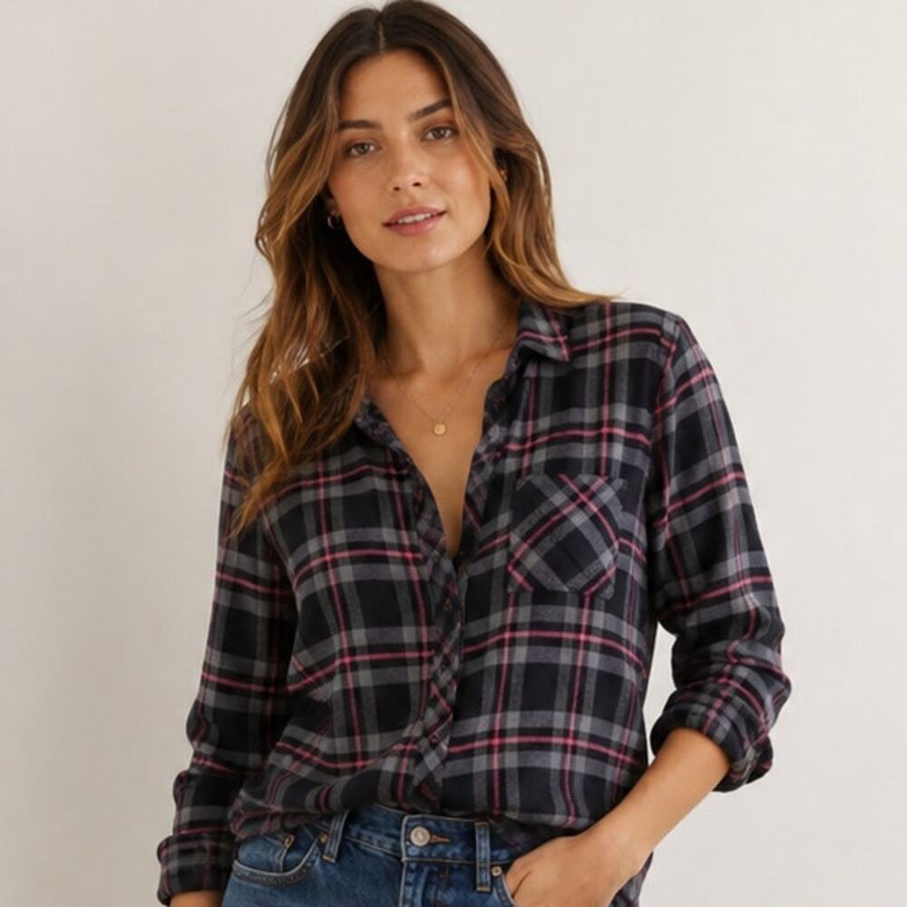 Rails Women's SZ S Hunter Flannel Button Down Shirt In Coal Gray Rose